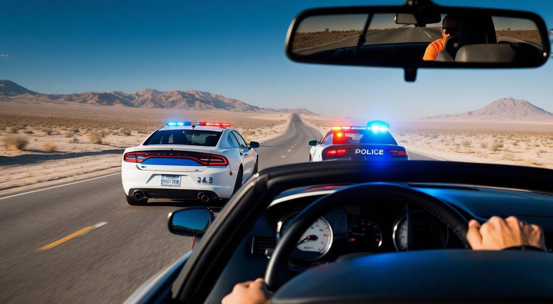 A car driving on a desert road with a police car in pursuit. The driver's face is hidden, but the red and blue lights flash in the rearview mirror