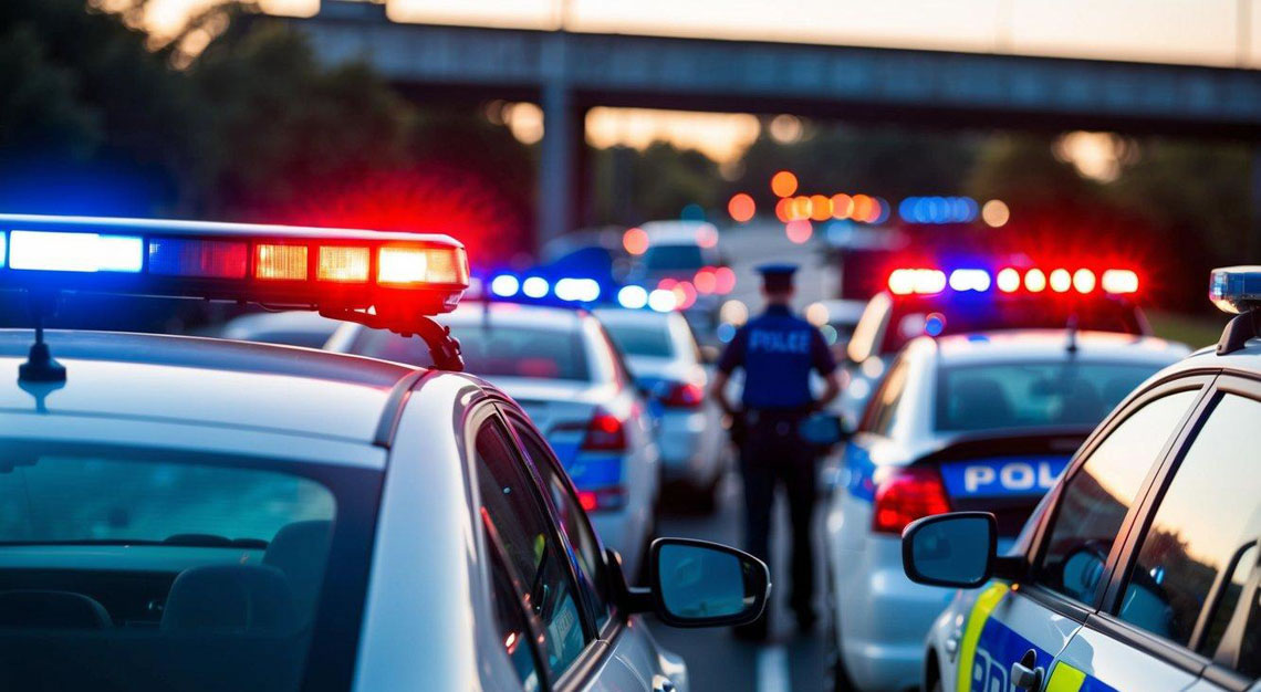 A car pulled over by police with a red and blue flashing lights in the background