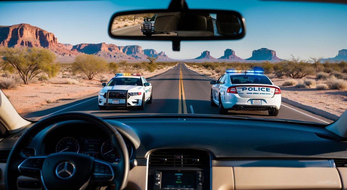 A car driving through the Arizona desert with a police car in the rearview mirror