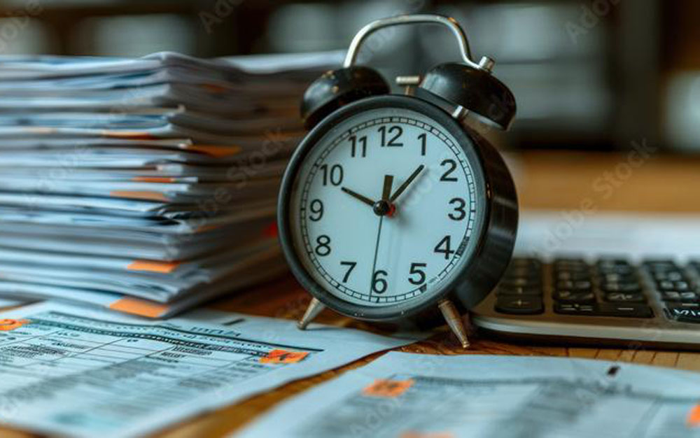 An alarm clock stands next to a pile of files