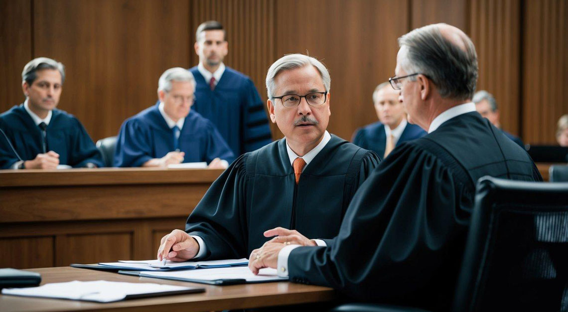 A courtroom with a judge presiding over a case involving federal tax crimes. Lawyers and defendants are present, discussing the statute of limitations