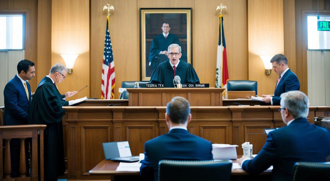 A courtroom with a judge presiding over a case related to federal tax crimes, with lawyers presenting arguments and evidence