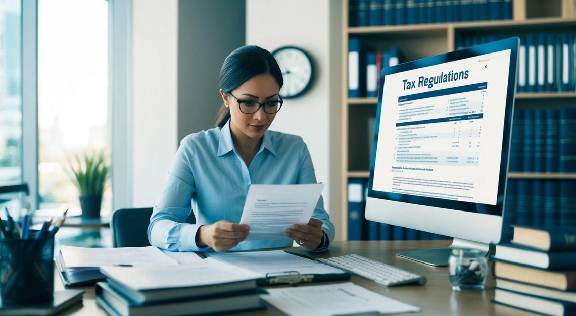 A person researching tax laws, surrounded by legal books and documents, with a computer displaying tax regulations and a clock indicating the passage of time