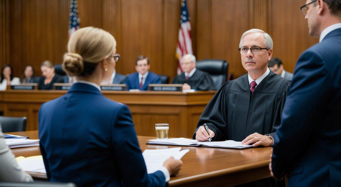 A courtroom scene with a judge presiding over a legal discussion on federal tax crimes. Lawyers present evidence and argue their cases